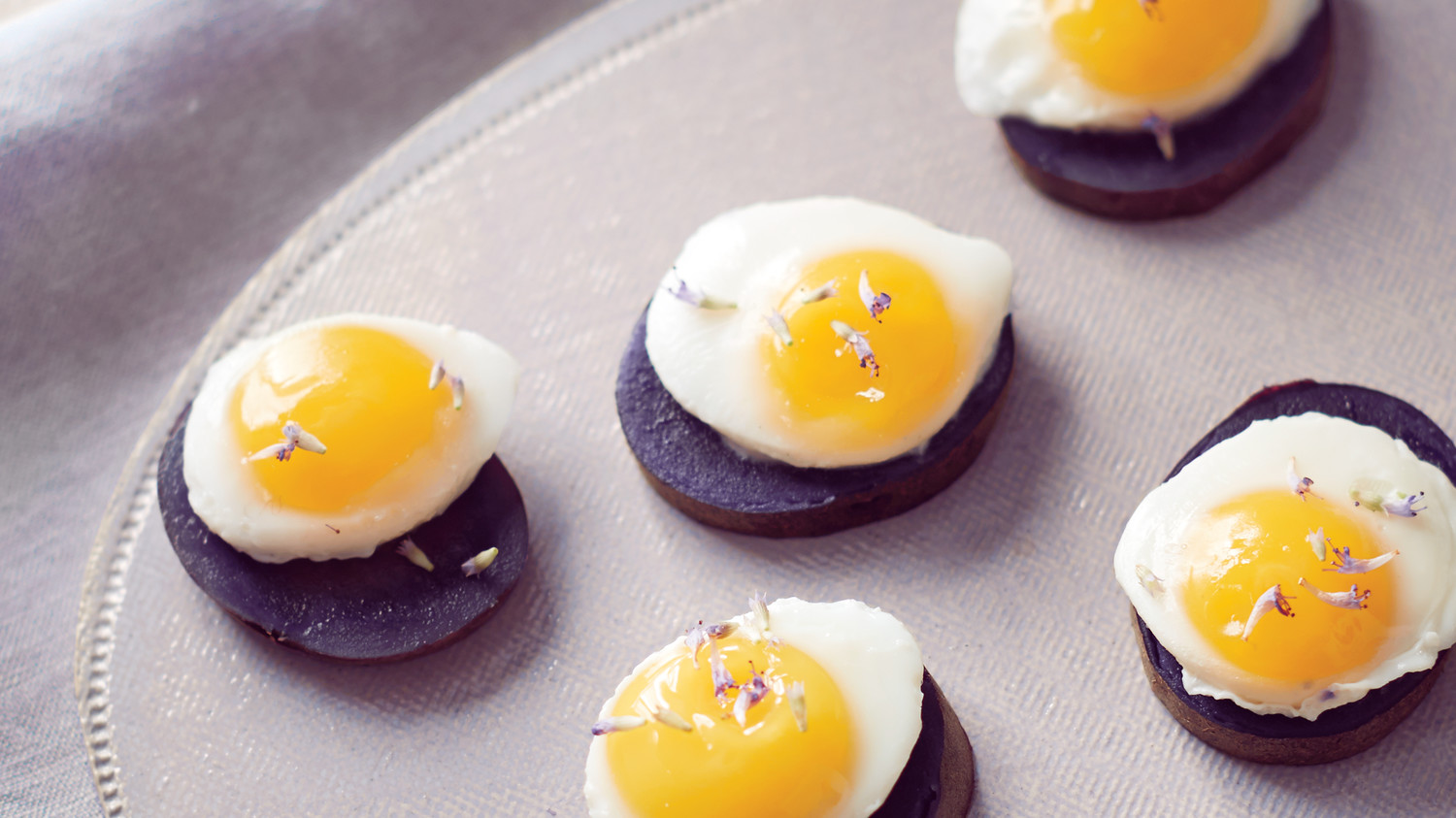 Purple Potatoes with Poached Quail Eggs