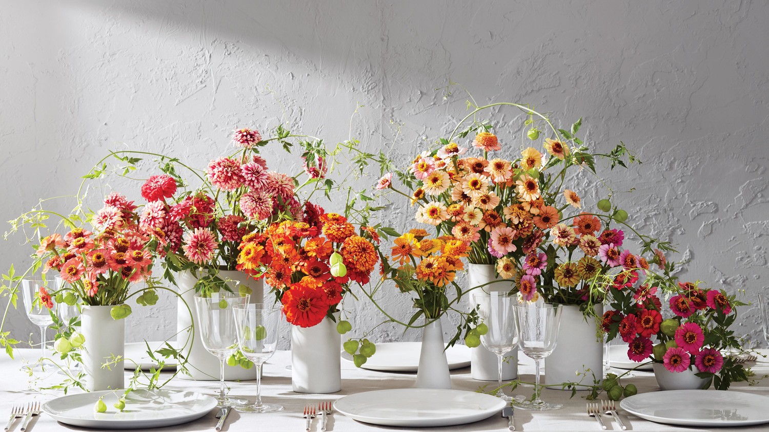 5 Stunning Ways To Use Zinnias In Your Wedding Martha Vases Of Orted Zinnias And Scabiosas