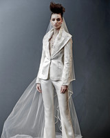 63 Chic Wedding Suits For Brides Martha Weddings Naeem Khan Suit With Open Collar And Veil Wedding Dress Spring 2019
