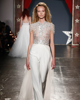 63 Chic Wedding Suits For Brides Martha Weddings Jenny Packham Wedding Dress Spring 2018 Sheer Embroidered Bodice Pants