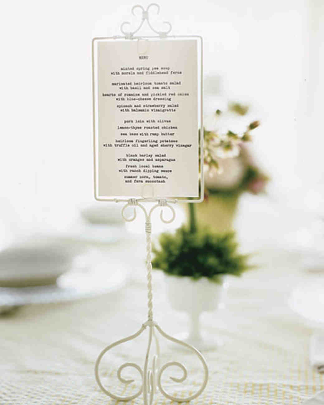 Unique Menu Cards and Displays | Martha Stewart Weddings Get inspired to try something different with this collection of untraditional menus and menu card displays