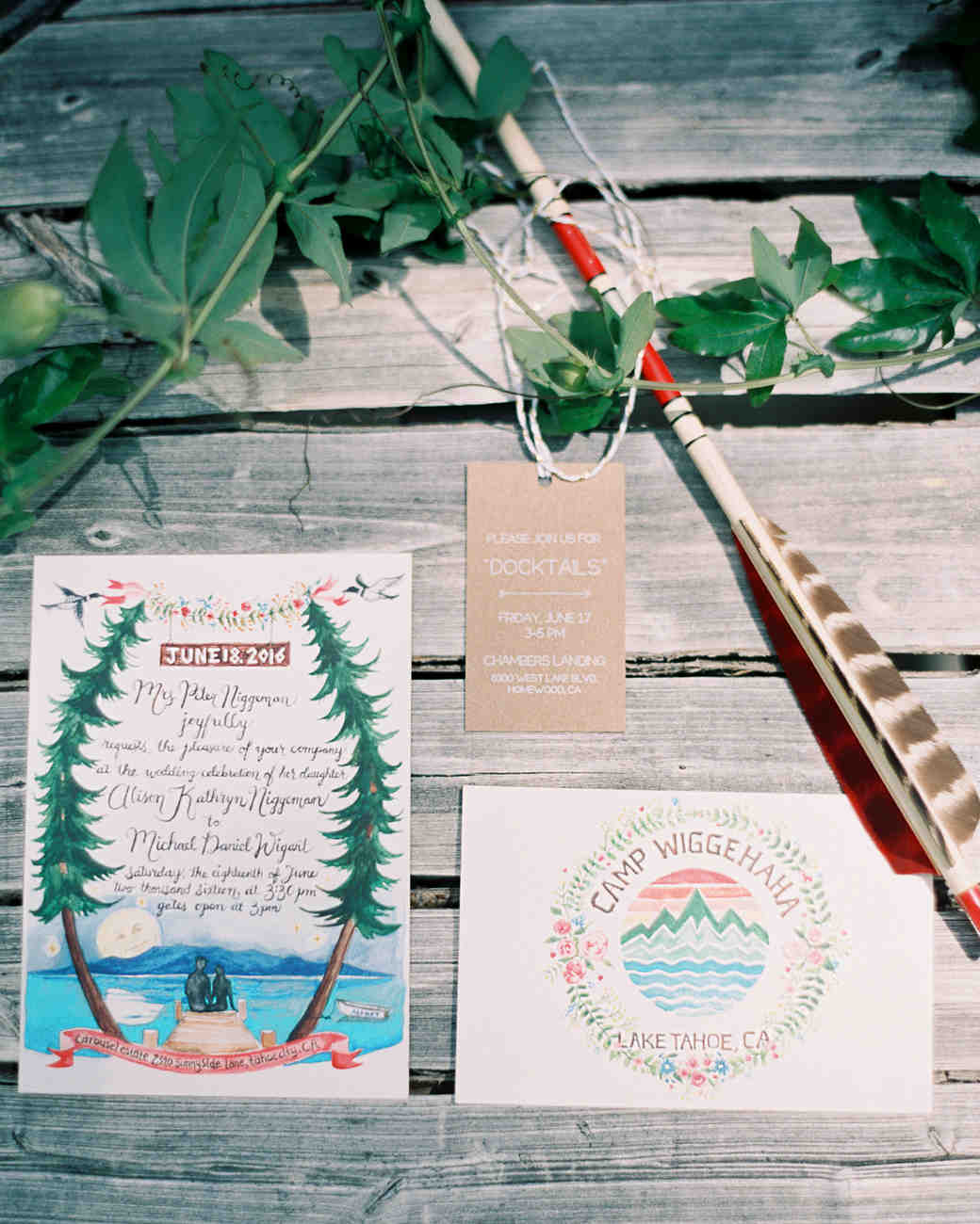 A Summer Camp Inspired Wedding By Lake Tahoe Martha Weddings Camp Themed Wedding Invitations