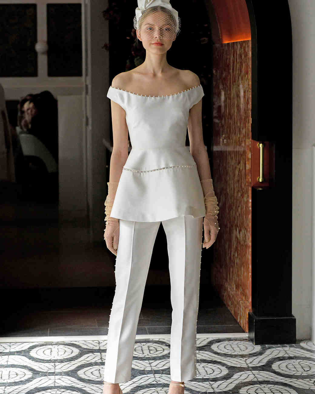 47 Chic Wedding Suits For Brides Martha Weddings Lela Rose Wedding Dress Spring 2018 Off The Shoulder Pants