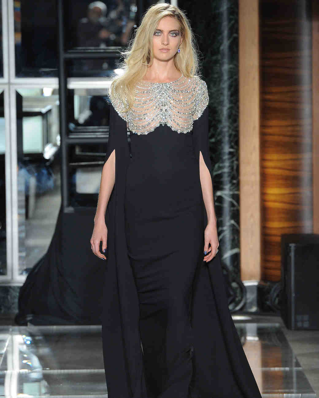 reem acra spring 2018 black wedding dress with embellishment and cape