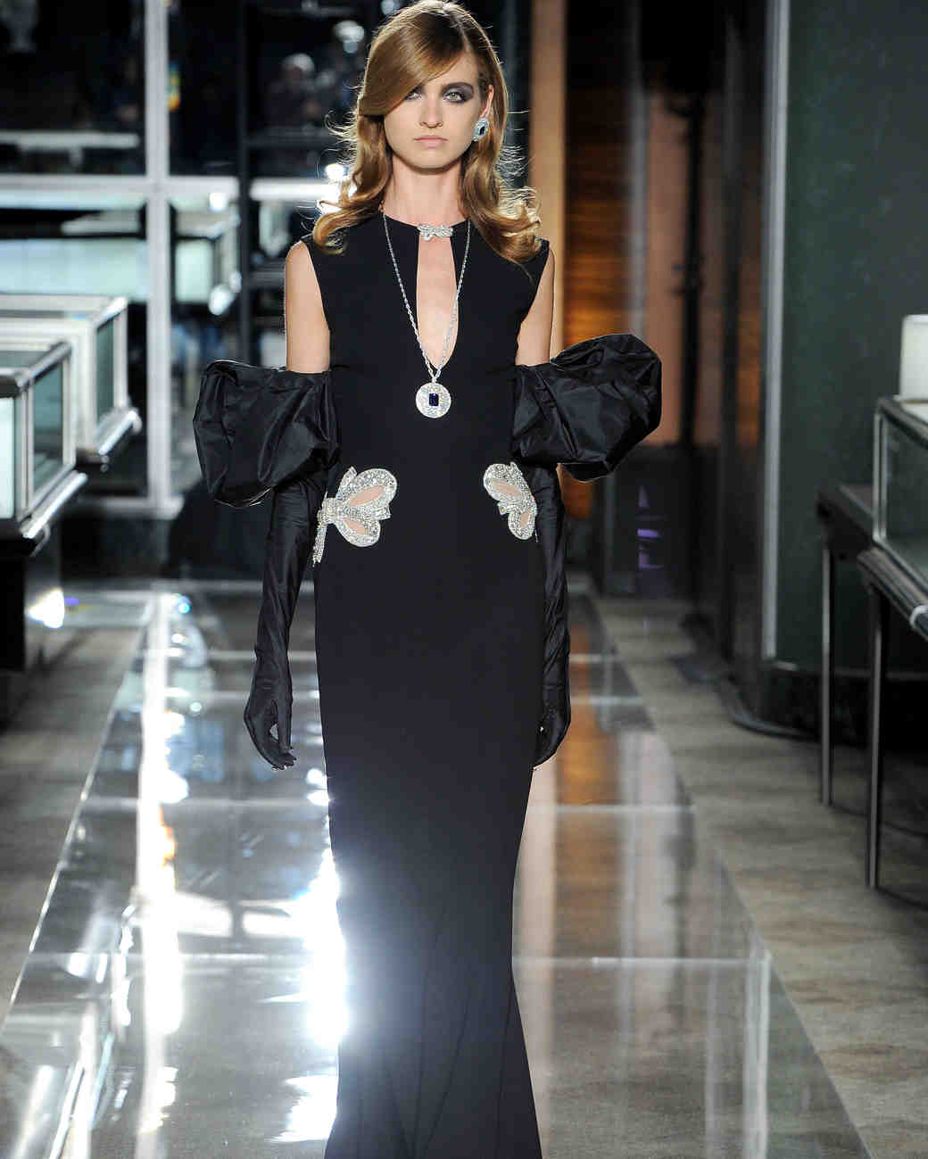 reem acra spring 2018 black wedding dress with keyhole neckline and dramatic gloves