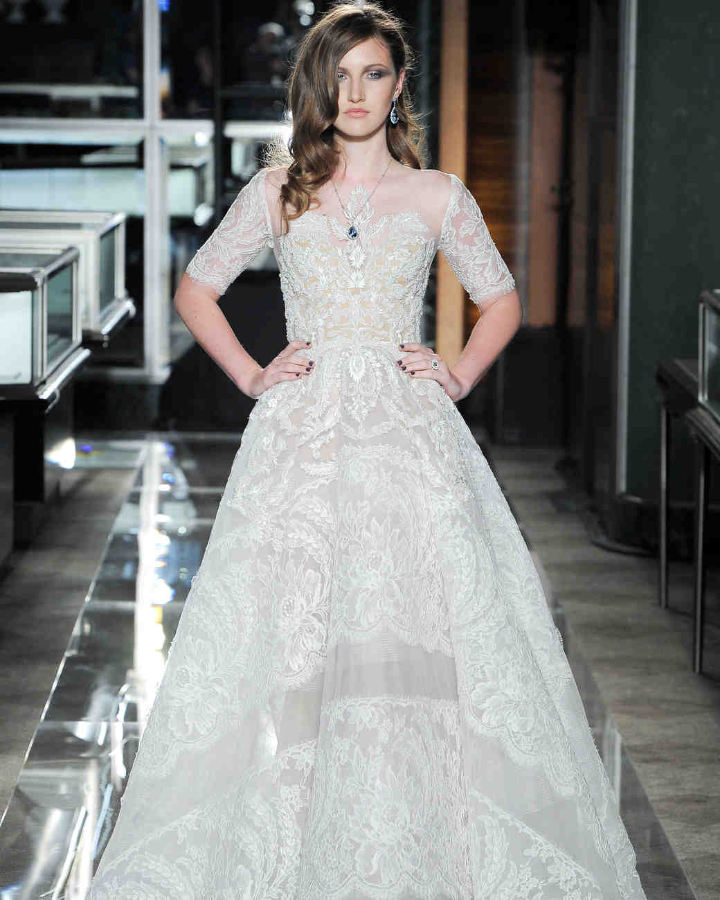 reem acra spring 2018 a-line lace wedding dress with three-quarter length sleeves