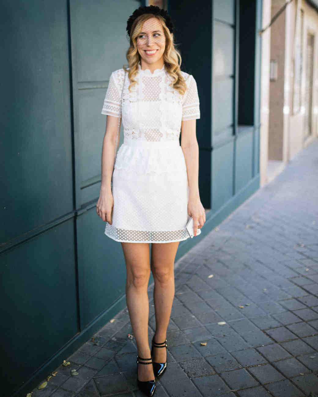 How Real Brides Wore Short Wedding Dresses Martha Weddings Short Wedding Dress Black Shoes Hat
