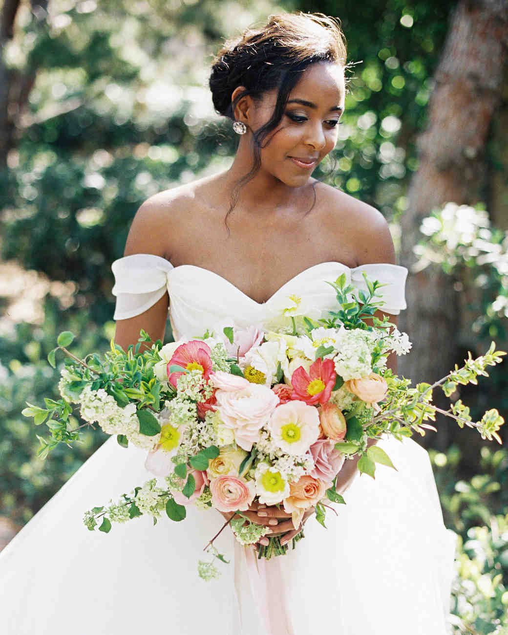 41 Brides Wearing Off The Shoulder Wedding Dresses Martha Bride Holding Bouquet