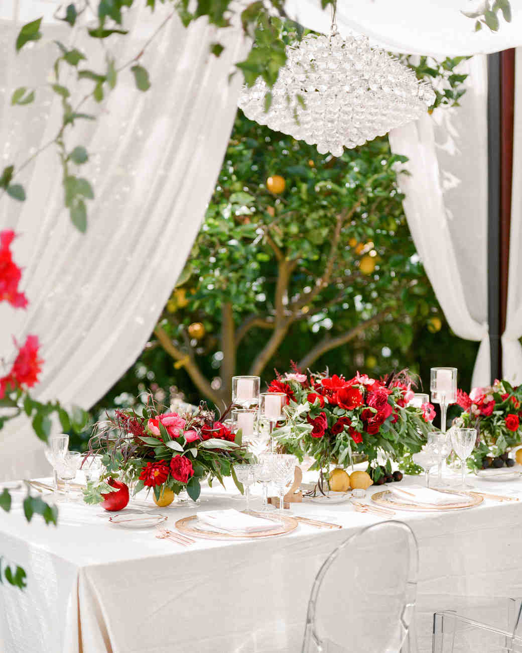 47 Hanging Wedding Décor Ideas Martha Stewart Weddings Head Table With Red Flowers And A Crystal Chandelier