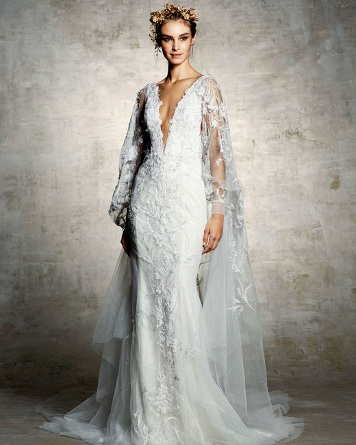 Marchesa Spring 2019 Wedding Dress Collection Martha Weddings Marchesa Bridal Wedding Dress Deep V Long Sleeves Tulle