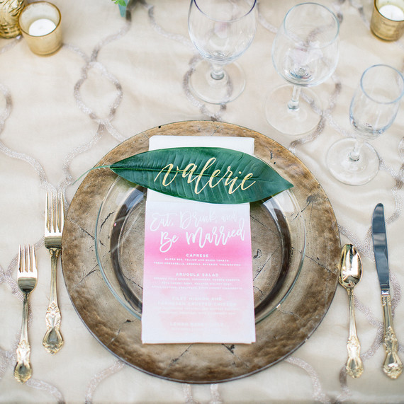 Elegant Tropical Place Settings with Calligraphed Leaf Place Cards Elegant Tropical Place Settings with Calligraphed Leaf Place Cards