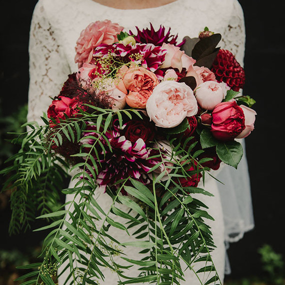 Fern Wedding Bouquet with Peonies, Roses, and Zinnias Fern Wedding Bouquet with Peonies, Roses, and Zinnias